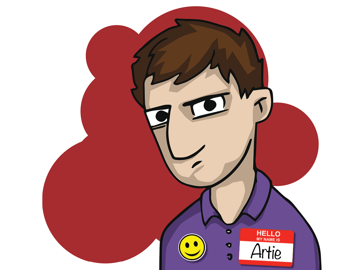 Irritated man with a sticker that reads "Hello my name is Artie"